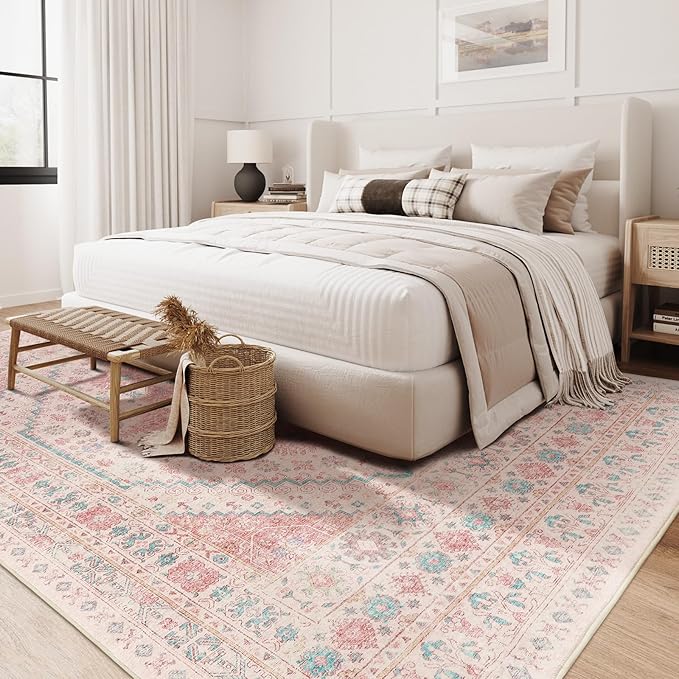 zesthome 10x14 Area Rugs - Large Pink Rugs for Bedroom Girls, Stain Resistant Washable Rugs, Vintage Low Pile Rug, Nursery Room Rug, Pink Room Decor (Pink/Blue,10'x14')