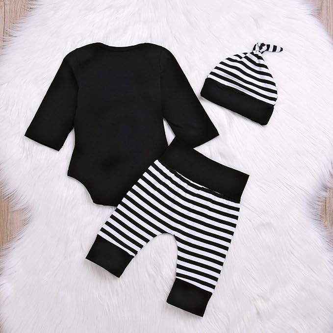Baby Unisex Worth The Wait Arrow Printed Romper Striped Pant Hat Outfit Clothes (Black, Newborn)
