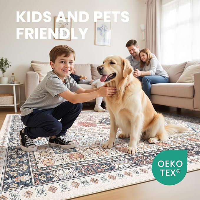 zesthome 5x7 Area Rugs - Ultra-Thin Washble Rug, Stain Resistant Anti Slip Backing Rugs for Living Room,Bedroom, Vintage Home Decor Area Rug (Multi,5'x7')