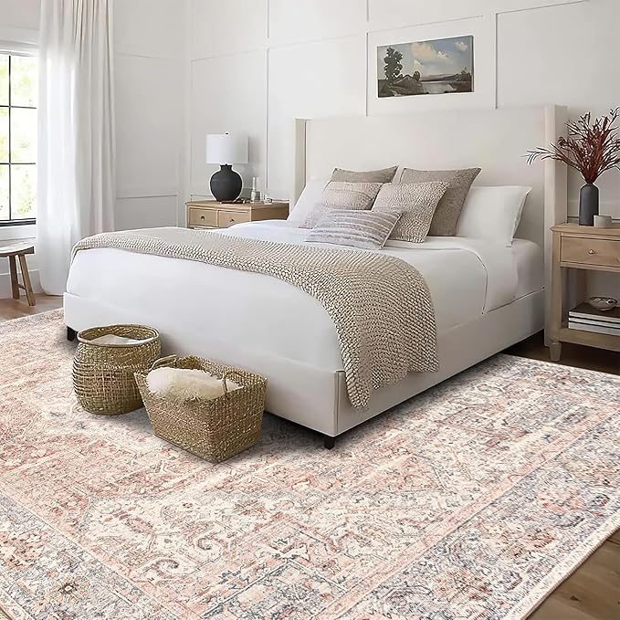 ReaLife Rugs Machine Washable Area Rug - Living Room Bedroom Bathroom Kitchen Entryway Office - Padded Low Pile Stain Resistant Premium - Boho Farmhouse Vintage - Lyle - Gray Ivory Blush 5' x 7'