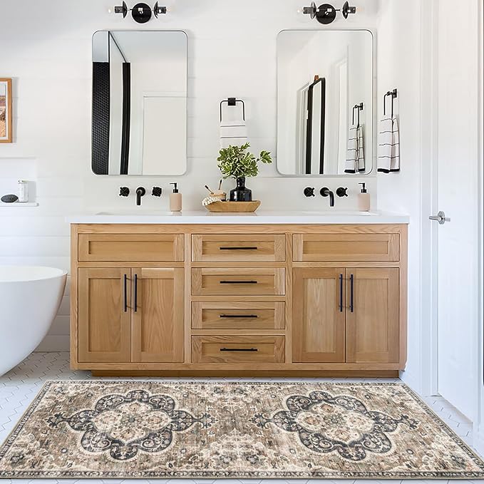 ReaLife Rugs Machine Washable Area Rug Runner - Living Room Bedroom Bathroom Kitchen Entryway Office - Padded Low Pile Stain Resistant Premium - Boho Farmhouse Vintage - Joy - Brown Beige 2'6" x 8'