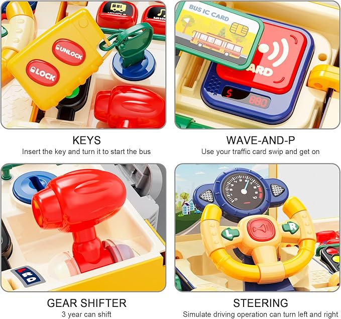 HONGTUO School Bus Toy with Sound and Light Simulation Steering Wheel Driving Toy Toddlers School Bus Toys with Music Education Knowledge Simulate School Scenes Gift for 3-5 Boys & Girls