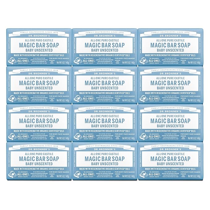 Dr. Bronner's Pure-Castile Magic Bar Soap (Baby Unscented, 5 Ounce, 12-Pack) - Made with Regenerative Organic Certified Oils, Gentle for Sensitive Skin & Babies, Non-GMO, Vegan