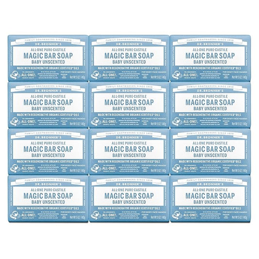 Dr. Bronner's Pure-Castile Magic Bar Soap (Baby Unscented, 5 Ounce, 12-Pack) - Made with Regenerative Organic Certified Oils, Gentle for Sensitive Skin & Babies, Non-GMO, Vegan