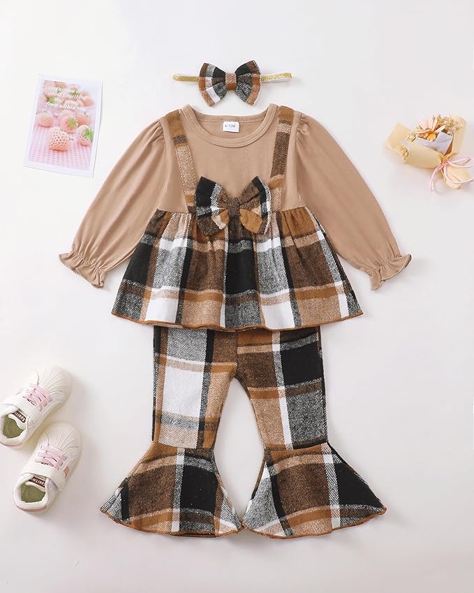 Kucnuzki Toddler Baby Girl Clothes Outfit Long Sleeve Plaid T Shirt Top Flare Leggings Pants 2 Piece Outfit Kids Clothes