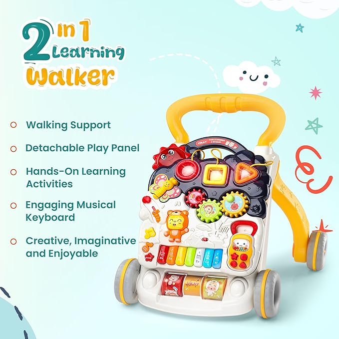YOLAY Baby Walker Push with Wheels, Sit-to-Stand Walker for Baby Boy and Girl 6-12 Months with Detachable Play Panel, Stable Handle, Early Learning Activity for Kids - Yellow