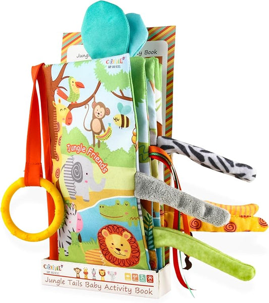 Minimono Jungle Tails Baby Activity Book, 3D Touch and Feel Crinkle Cloth Books, Montessori Activity Book for Fine Motor Skills