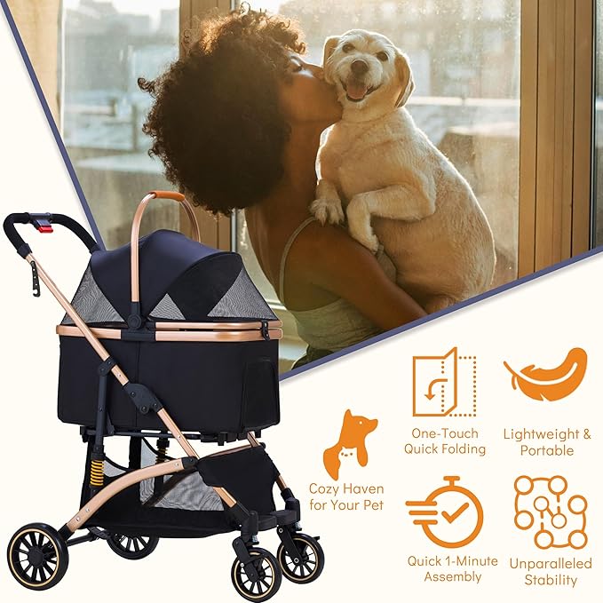 Pet Stroller for Small Medium Dogs, Lightweight Small Dog Stroller for Dogs Cats with 6 Shock Absorption System, Detachable Carrier Suitable for Car Seat & Hand Carry, Safe Outings