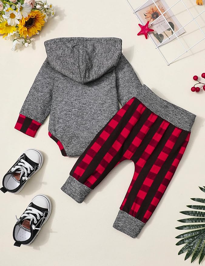 Fommy Newborn Baby Boy Clothes Plaid Letter Print Long Sleeve Hoodies + Long Pants 2PCS Fall Winter Outfits Set
