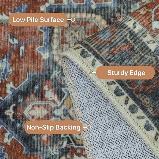 GENIMO 10x14 Area Rugs for Living Room, Machine Washable Non Slip Vintage Rugs, Low Pile Lightweight Chenille Print Rug for Bedroom, Dining Room, Home Office,Bordeaux