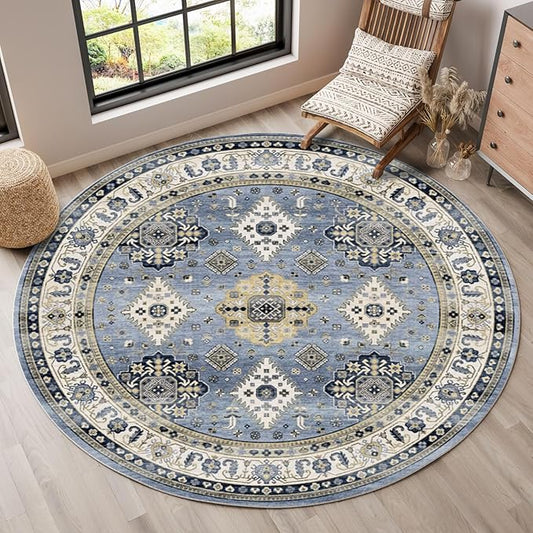 Dripex Vintage Round Rug-5ft Distressed Washable Rugs for Living Room Indoor Soft Non-Slip Circle Rugs for Kitchen Dining Room Floral Print Low-Pile Carpet Farmhouse Office Home Decor