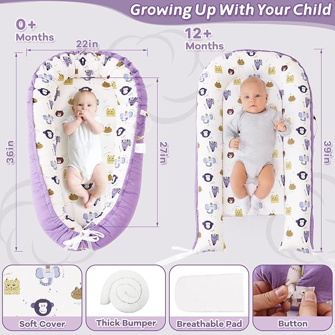 ALINUX Baby Lounger for Newborn 0-24 Months,100% Cotton Baby Lounger Cover, Suitable for Babies Aged 0-24 Months,Purple