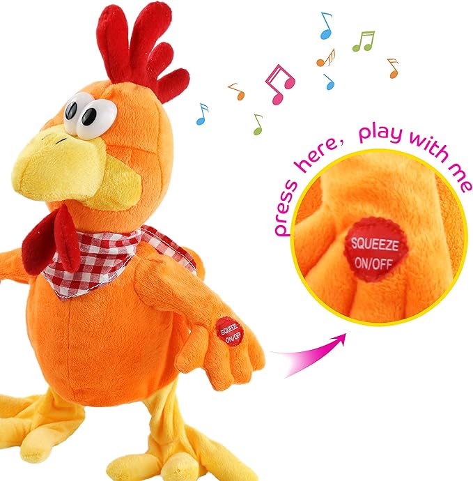Houwsbaby 15" Electronic Squawking Chicken Toy, Easter Chicken Stuffed Animal Interactive Musical Walking Singing Waving Rooster Plush Toy with Bib Present for Kids Boys Girls Easter Thanksgiving Day