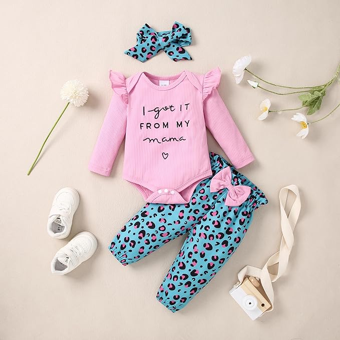 DISAUR Baby Girls Clothes Newborn Infant Baby Girls Outfit Long Sleeve Ruffle Romper Floral Pants Headband Sets 0-18 Months