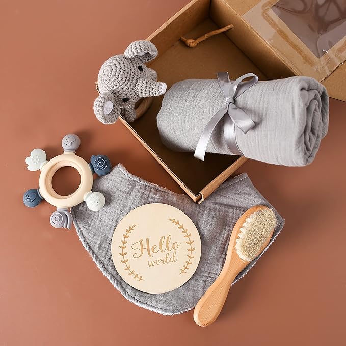 YOUUYS Baby Gift Set for Newborn - Baby Essential Bath Basket Gift Set with Baby Blanket Baby Rattle Teether Toy & Hair Brush Newborn Shower Gift for Baby Girls Boys 6PCS (Elephant)