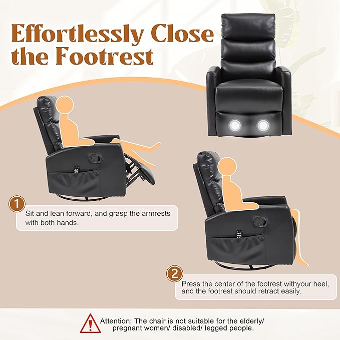 Manual Swivel Rocker Recliner Chair with Massage, Overstuffed Recliner Glider with Vibration Massage and Heat for Nursery, Living Room Reclining Sofa Chair, PU Leather Black