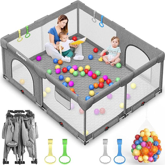 Foldable Baby Playpen: 71" L x 59" W x 27" H, Large Kids Play Yard with Mat for Indoor and Outdoor, Portable Baby Gate with 50PCS Ocean Ball, 4 Handles