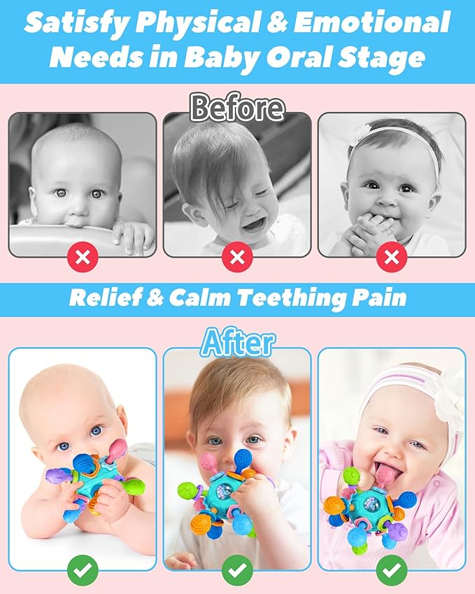 Baby Teething Toys for Babies Infants, Tummy Time Montessori Toys for Babies, Newborn Infant Rattles Chew Sensory Toys, Baby Shower Gifts for Boys