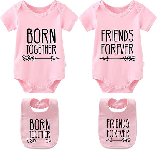 YSCULBUTOL Baby Twins Bodysuits Best Friends Forever Baby Clothes Set with Bibs Girl Outfit with hat