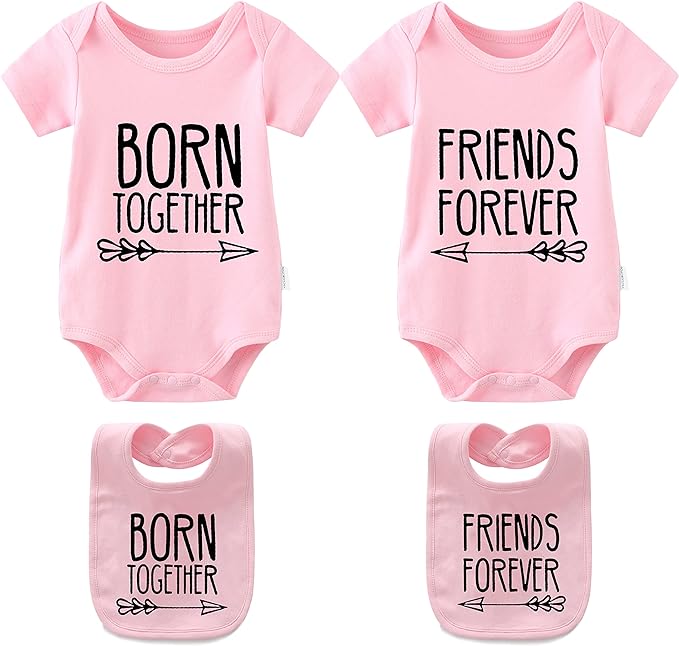 YSCULBUTOL Baby Twins Bodysuits Best Friends Forever Baby Clothes Set with Bibs Girl Outfit with hat