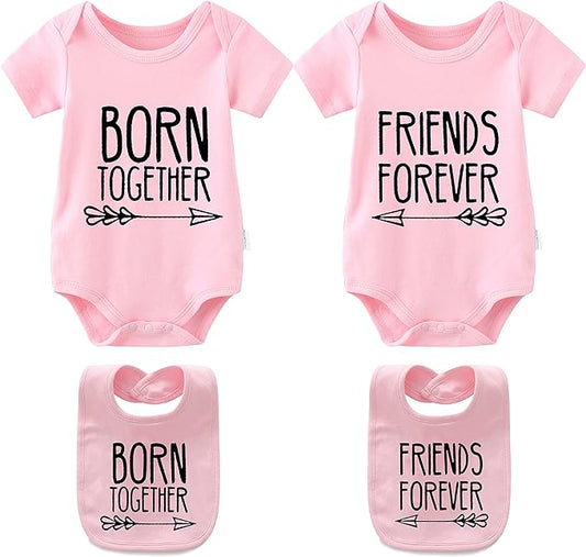 YSCULBUTOL Baby Twins Bodysuits Best Friends Forever Baby Clothes Set with Bibs Girl Outfit with hat