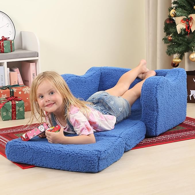 Kids Chairs for Toddler, 2-in-1 Toddler Soft Sherpa Couch Fold Out, Convertible Sofa to Lounger for Girls and Boys, Sky Blue