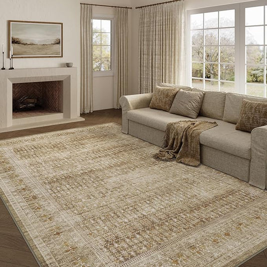 Brown 9x12 Area Rug for Living Room Washable Vintage Large Distressed Carpet Bedroom Low Pile Non Slip Indoor Soft Retro Throw Accent Rug Office Kitchen Bathroom Dining Room