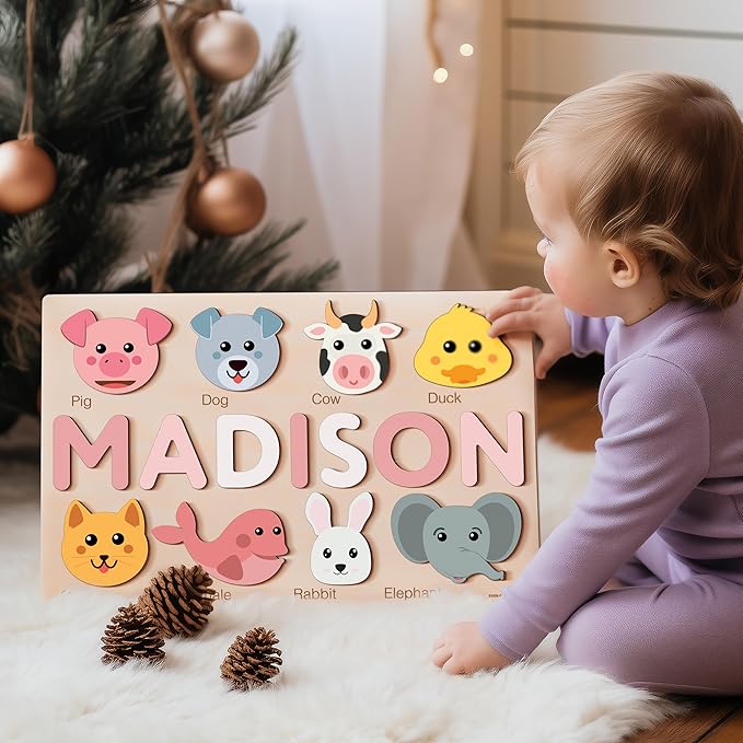 Baby Custom Name Puzzle with Animals, Custom Handmade Birthday Gift for Kids, for Toddlers, Special New Baby Gift, Wood Puzzle