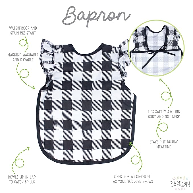 BapronBaby Flutter White Buffalo Plaid Bapron - No Neck Tie Safer Bib for Baby & Toddler - Soft Waterproof Stain Resistant - Machine Washable - Sz Preschool 3-5yrs