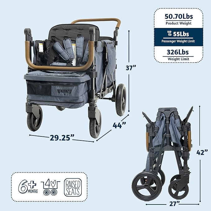 Keenz XC+ EVO - Luxury Comfort Stroller Wagon | Foldable 4 Passenger Quad Seater with Adjustable Canopy | Steel Blue