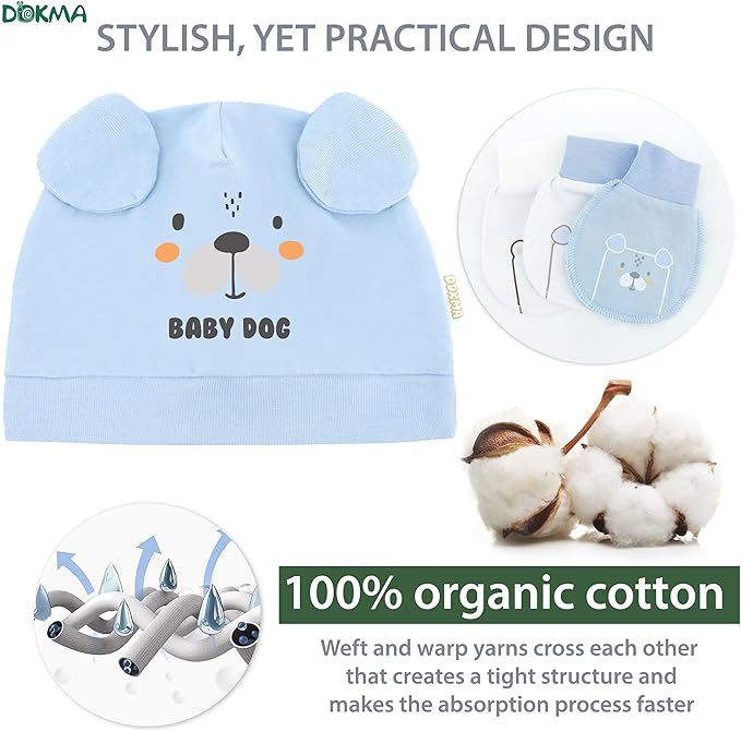 DOKMA Organic Cotton Baby Mittens and Caps Set with Adorable Bear Design for Newborn 0-6 Months, No Scratch, Ultra Soft - 5 Caps x 3 Mittens, Cute Blue