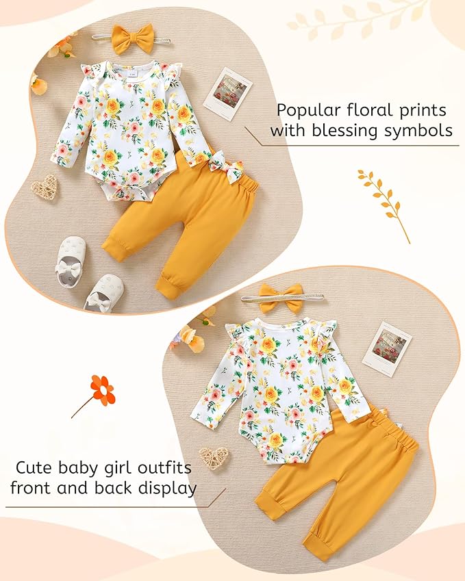 YALLET Baby Girl Clothes Newborn Infant Girl Outfits Floral Romper+Pants+Headband Fall Baby Layettes for Clothing 0-18 Months