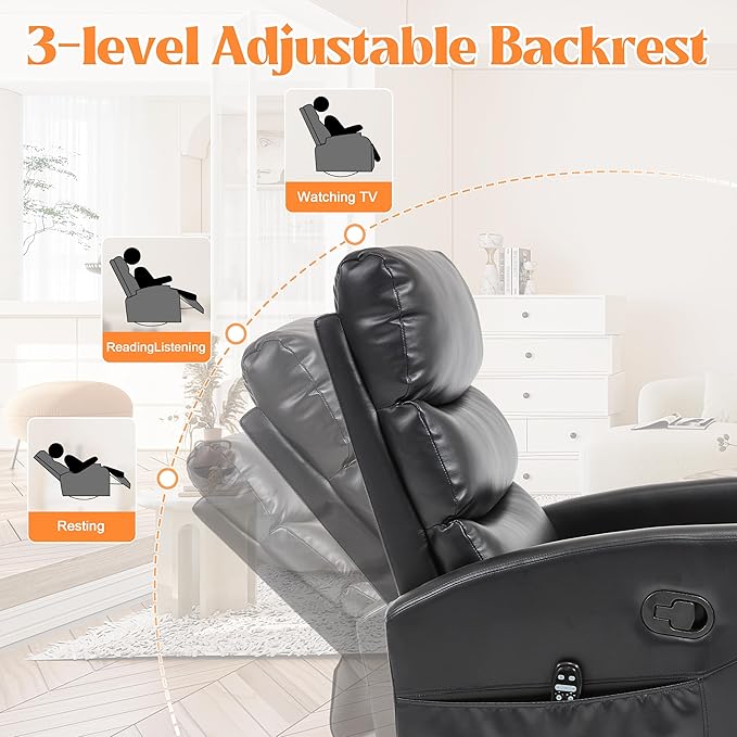 Manual Swivel Rocker Recliner Chair with Massage, Overstuffed Recliner Glider with Vibration Massage and Heat for Nursery, Living Room Reclining Sofa Chair, PU Leather Black