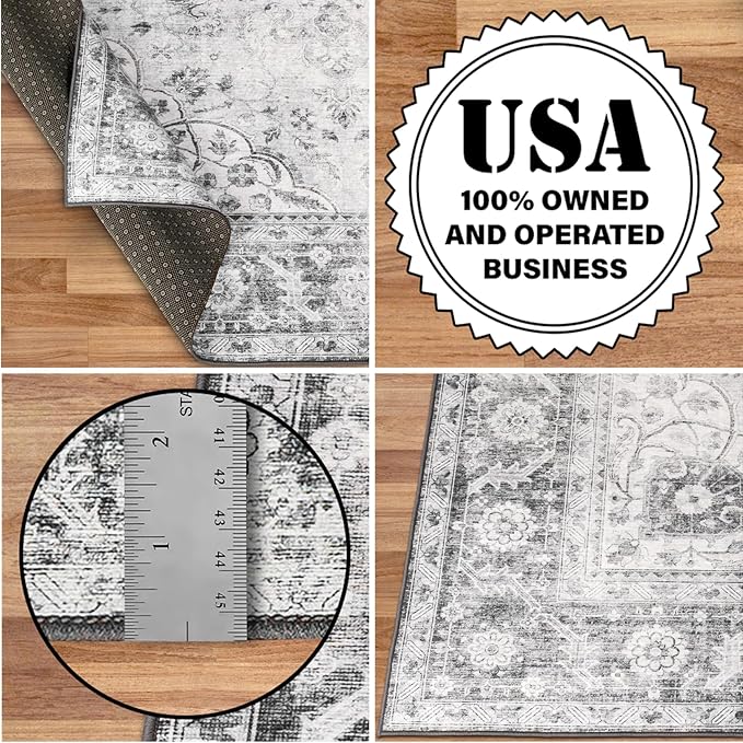 ReaLife Rugs Machine Washable Area Rug Runner - Living Room Bedroom Bathroom Kitchen Entryway Office - Padded Low Pile Stain Resistant Premium - Boho Farmhouse Vintage - Joy - Gray 3' x 5'