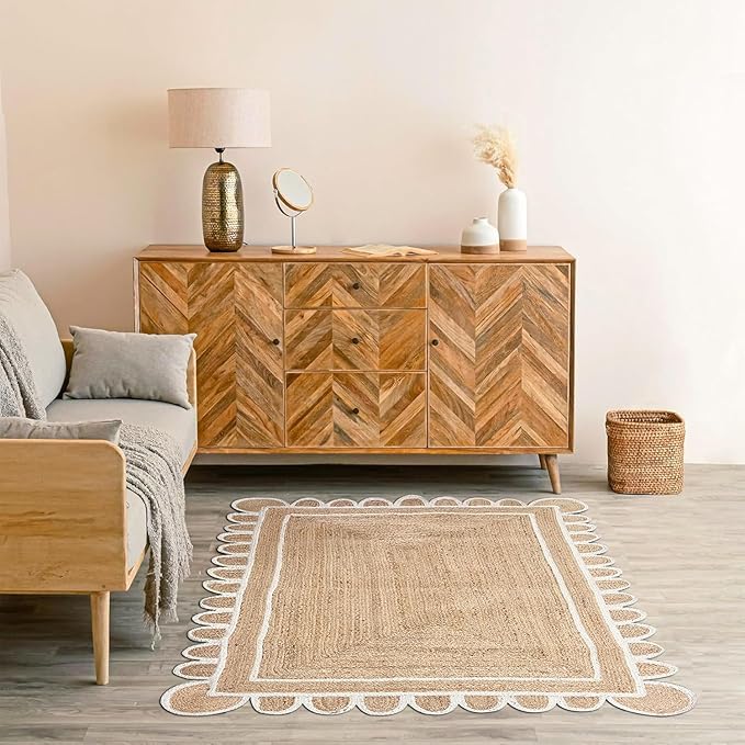 Shiv Shakti Exports Scalloped Natural Jute Area Rug, Natural Base Off White Trim (8x10 Feet)
