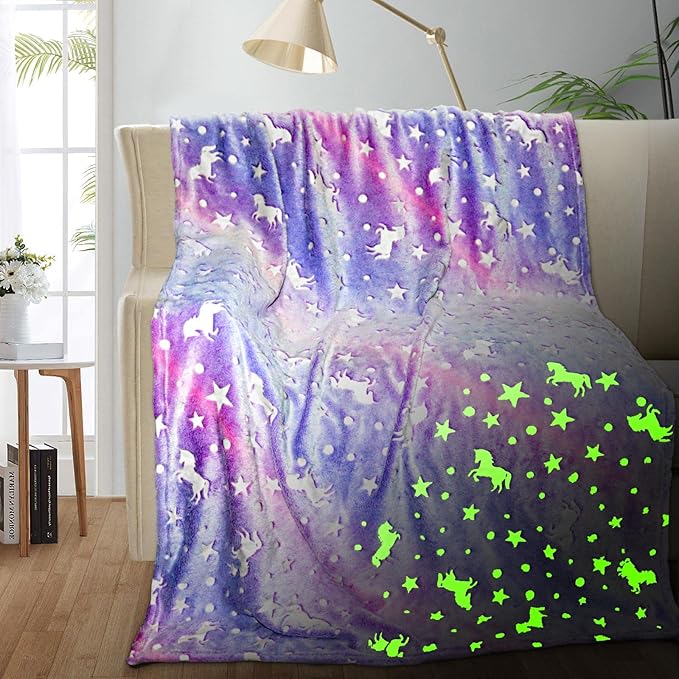 TEHALK Personalized Unicorn Blanket for Girls, Glow in The Dark, Fleece 30"x40"