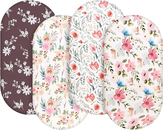 4 Pack Baby Girl Bassinet Sheets Set Soft Fitted Floral or Elephant Theme Baby Girl Mattress Covers Breathable Toddler Bed Sheets for Infant or Newborn Girls (Flower, Bassinet Sheets)