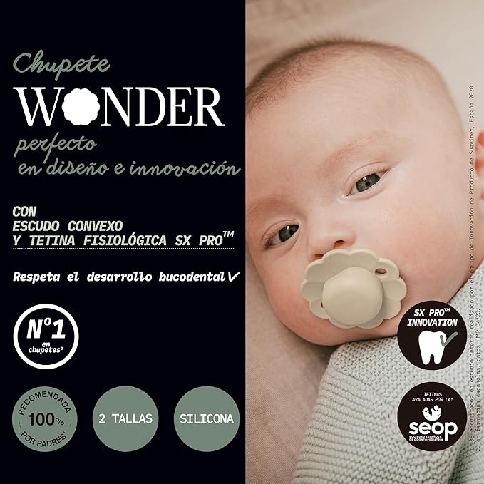 Suavinex Wonder Baby Pacifier, SX Pro Silicone Nipple, Reversible, Non Irritating Shield Design, 2 Pk Pacifiers 0-6 Months, Made in Europe, Gray/Mauve