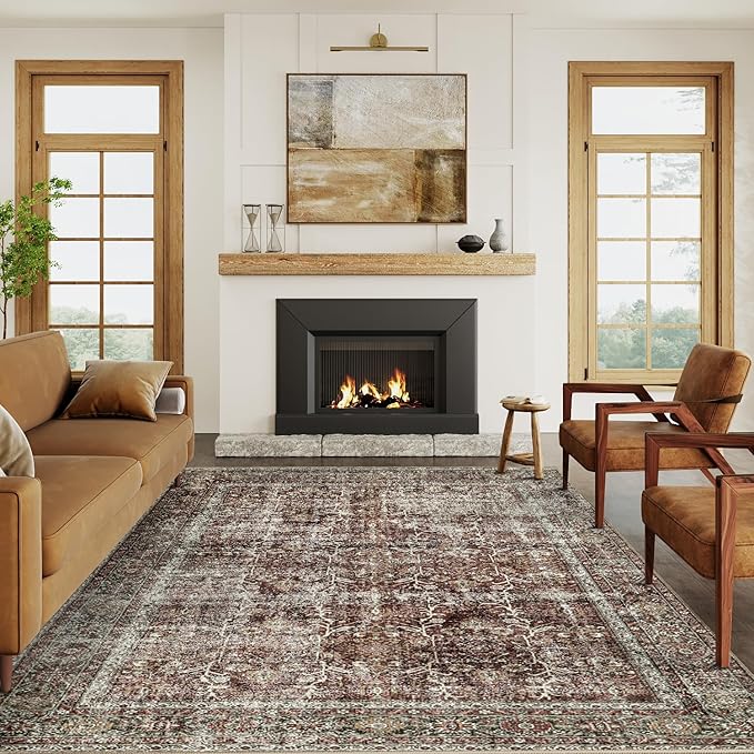 Vintage Area Rug 6x9 Rust Red Washable Living Room Large Carpet Non Slip Bedroom Indoor Office Low Pile Traditional Distressed Retro Accent Rug for Dining Room Kitchen