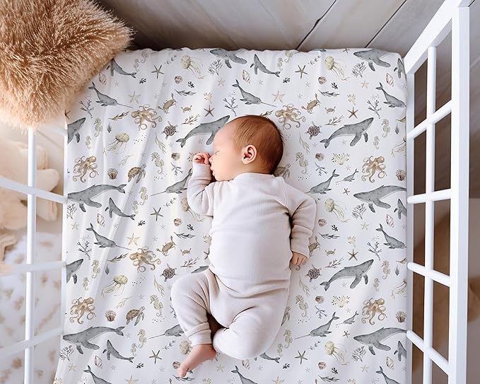 Crib Sheets Neutral - Fitted Baby Crib Sheets Bed for Girl Boy - 2 Pack Standard & Toddler Mattress (Ocean Odyssey) - Buttery Soft Organic Cotton Blend