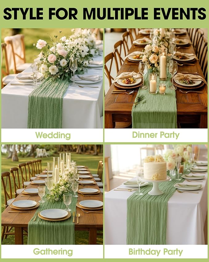 Pureegg 3-Pack Cheese Cloths Table Runner, 120'' Boho Table Cloth Decorations for Party, Baby Shower, Wedding and Farmhouse, Fabric Room Decor, Sage Green