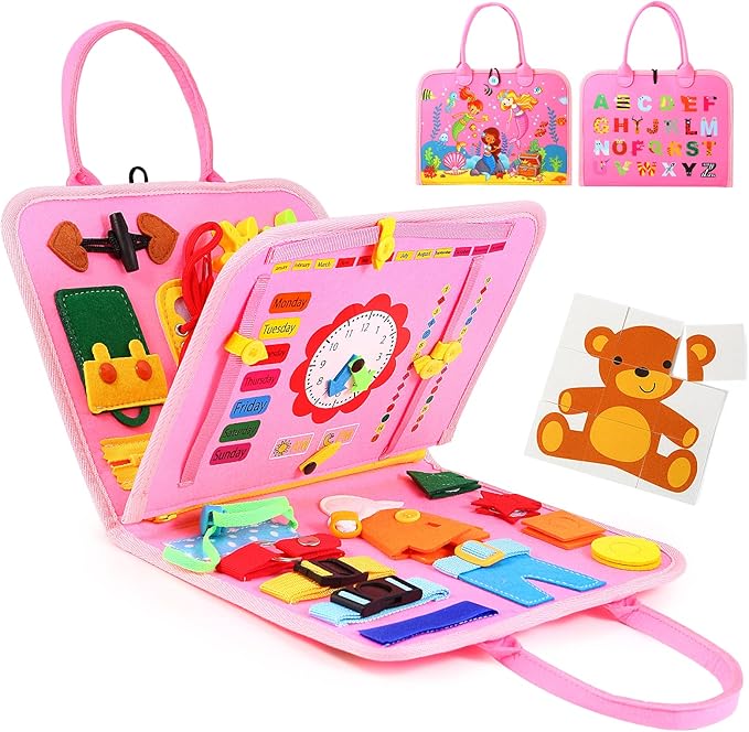 Hooku Busy Board for 1 Year Old, Montessori Sensory Toys for Toddlers 1-3, Fine Motor Learning Activities, Toddler Travel Toys, Birthday Gifts for Baby Boy or Girl