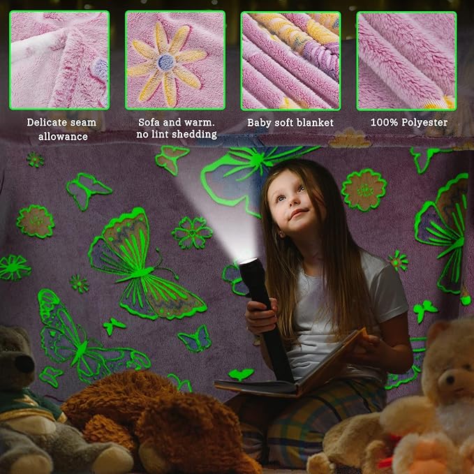Glow in The Dark Blanket for Kids Girls, Fuzzy Cozy Warm Soft Throw Blanket for Couch Bed Sofa, Girl Toys Butterfly Blankets for Teens Grandkids Unique Birthday Gifts 60"×80"