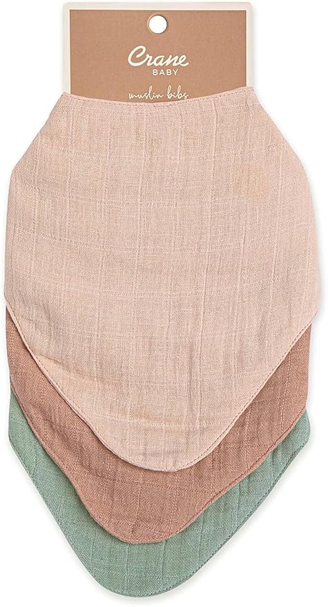 Crane Baby Soft Muslin Baby Bib Set, Adjustable and Absorbent Bandana Style Bibs for Boys and Girls, Rose, 3 Piece, 18.5” x 9”