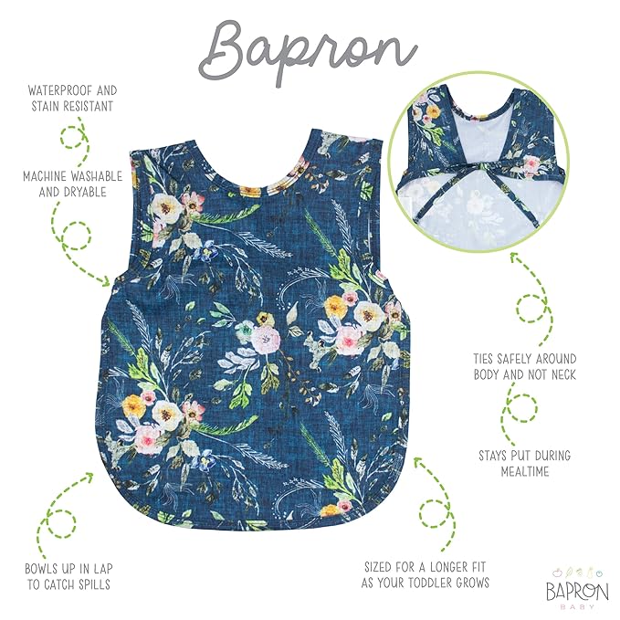 BapronBaby Boho Floral Bapron - No Neck Tie Safer Bib for Baby & Toddler - Soft Waterproof Stain Resistant - Machine Washable - Sz Baby/Toddler 6m-3T