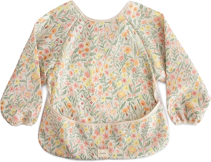 mushie Long Sleeve Baby Bib | Water Resistant Adjustable Fit for Ages 6-24 Months