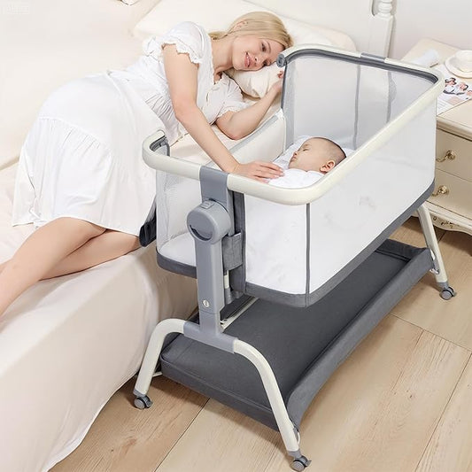 Bedside Cribs 3 in 1 Baby Bassinet Bedside Sleeper with Adjustable Height Easy Folding Portable Crib Comfy Mattress and Wheels - Gray