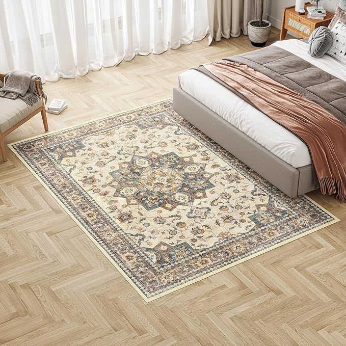 Dripex Vintage Washable Area Rug - 3x5 Entryway Rug for Indoor Door Mat Low-Pile Non-Slip Bedside Rug Bedroom Oriental Medallion Floral Print Carpet Soft Accent Rug Farmhouse Office Home Decor