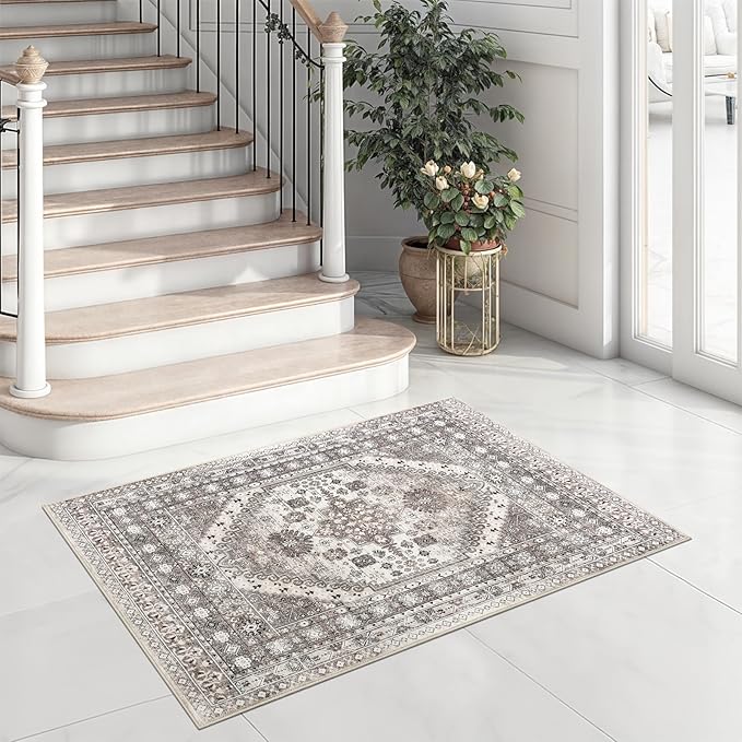 zesthome 2x3 Entryway Rug, Soft Washable Rugs, Non Slip Area Rug, Stain Resistant Low Pile Rugs for Bedroom, Vintage Rug for Door Mat, Kitchen (Brown/Beige,2'x3')
