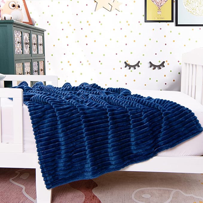 NTBAY Plush Soft Flannel Baby Blanket, Warm and Cozy Unisex Toddler Blanket with Stripe Pattern for Stroller, Crib, Travel, 30x40 Inches, Navy Blue